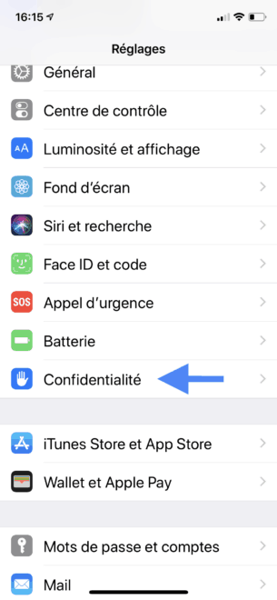 Sélectionnez réglage et confidentialité