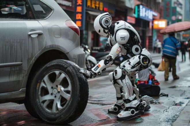 Image d'illustration. Humanoid qui dépanne une voiture