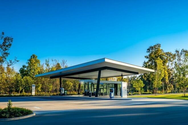 Une station-service contemporaine sur l'autoroute avec une architecture épurée, entourée de verdure et sous un ciel bleu.