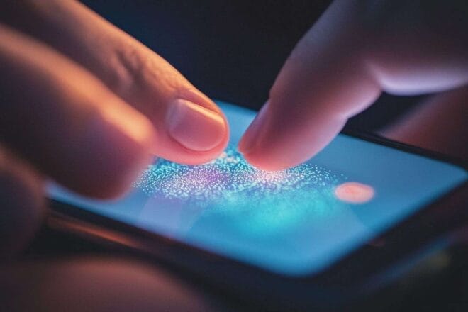 Image d'illustration. Vue focalisée sur les doigts touchant doucement le smartphone