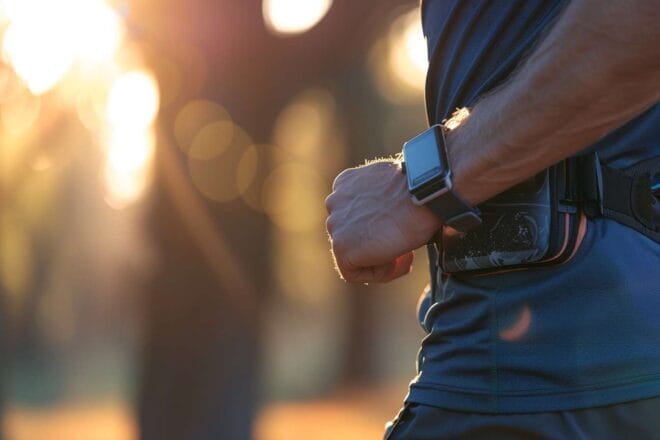 Image d'illustration. Un objet connecté au bras d'un coureur, capturant son rythme et sa distance pendant un jogging matinal.