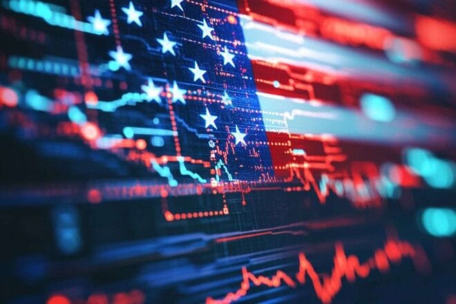 Détail de l'interface d'un logiciel d'intelligence artificielle avec motifs de réseaux neuronaux et drapeaux américains subtilement intégrés.