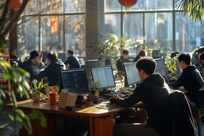 Vue large d'un espace ouvert vibrant rempli d'individus concentrés travaillant sur des ordinateurs en Chine.