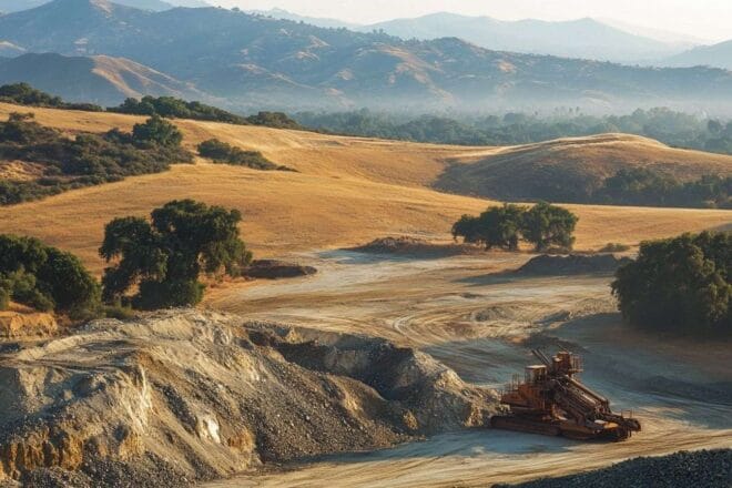 Prise de vue aérienne montrant le paysage diversifié de la Californie, parsemé de machines spécialisées pour l'extraction des éléments rares du sol.