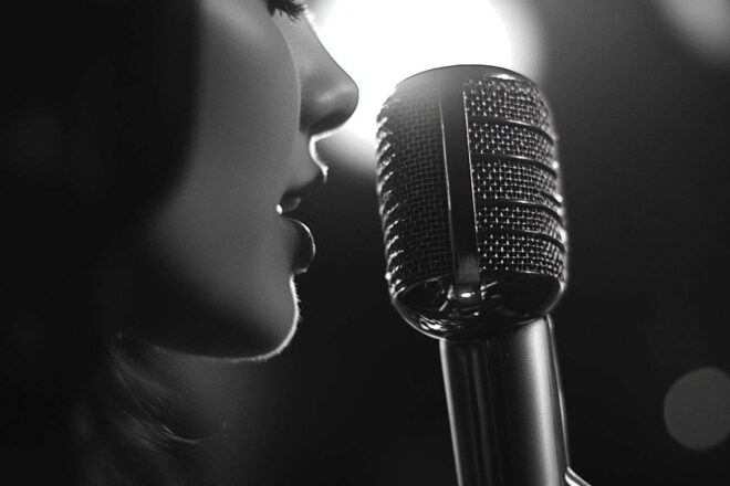A vintage microphone adeptly seizes the nuanced essence of a woman's voice in a striking monochrome recording environment.