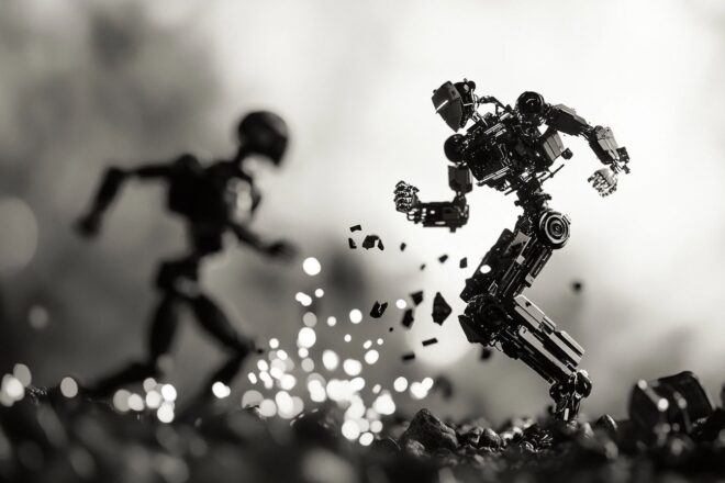 Collision monochrome de robots dans un paysage futuriste abstrait avec des étincelles en plein mouvement.