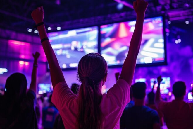 Des fans passionnés acclamant lors d'un événement de jeu interactif, entouré d'effets visuels éclatants et de moniteurs numériques.