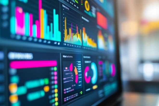 Une vue détaillée d'un écran d'ordinateur présentant des tableaux de bord analytiques remplis de visualisations de données colorées.