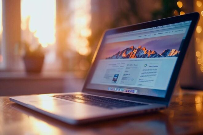 Une vue rapprochée d'un ordinateur portable moderne montrant une interface en ligne dynamique et des graphismes éclatants.