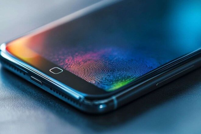 Gros plan écran smartphone fonctionnalités sécurité biométrique