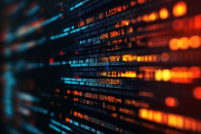 Gros plan sur un écran numérique affichant des lignes de code et des symboles d'avertissement concernant des menaces potentielles