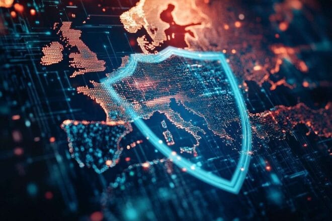 Une icône de bouclier superposée à une carte numérique de l'Europe, représentant la protection contre les menaces cybernétiques.