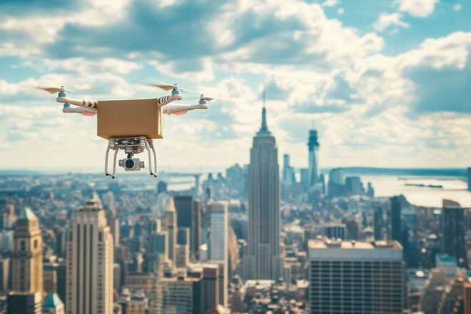 Un drone moderne livre un colis de café sur une grande ville américaine active et dynamique.