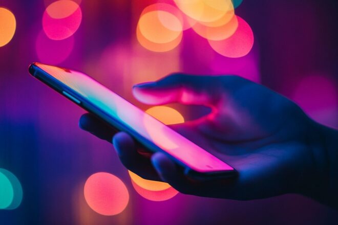Main humaine interagissant avec smartphone lumineux