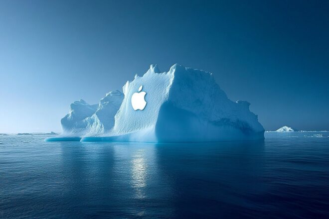 Photographie d'un iceberg blanc avec logo iconique d'Apple sur fond glacé