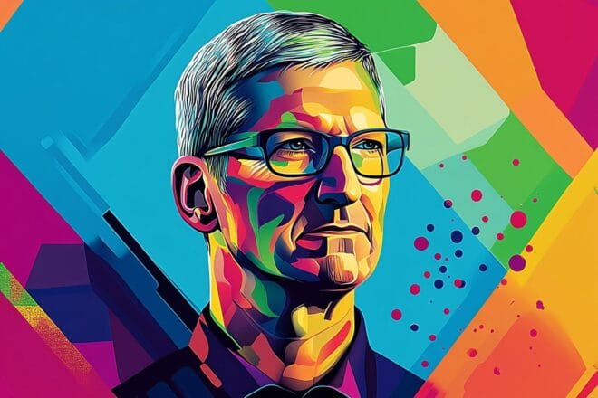 Une interprétation contemporaine d'un leader technologique avec des couleurs éclatantes et des motifs qui rappellent l'art pop.