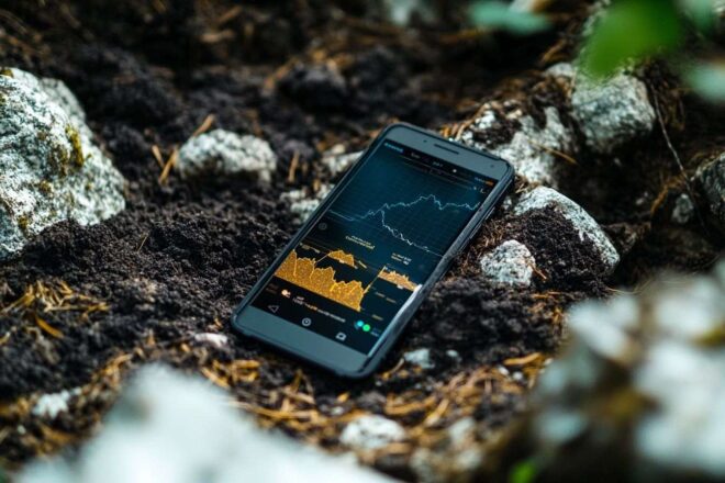 Detailed closeup of a smartphone screen showcasing seismic data surrounded by earthy elements like rocks and soil.