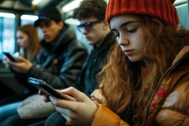 A closeup of teenagers deeply engaged with their smartphones while traveling on a London Underground train.