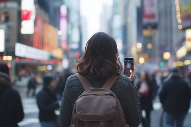 Une personne de dos utilise Siri sur son iPhone dans une rue de ville animée