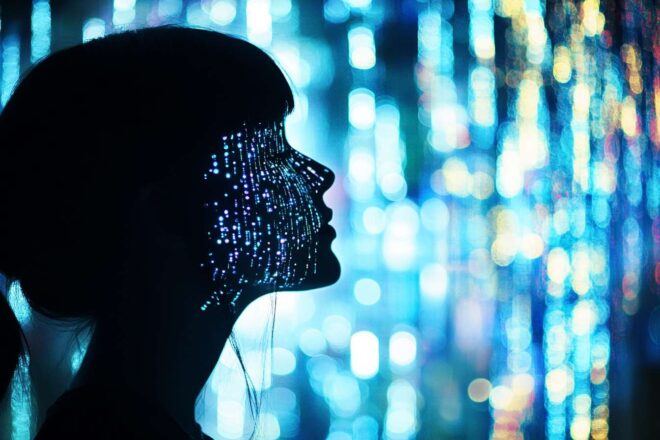 Silhouette transforming with luminous data streams representing personalized artificial intelligence evolution