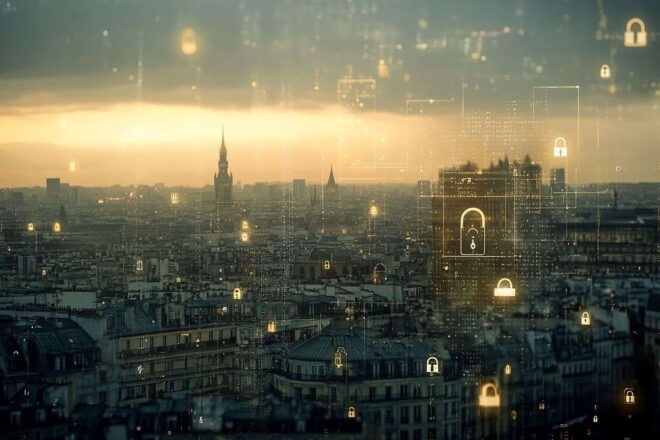 Cryptage illustré avec paysage urbain