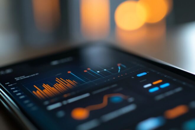 Gros plan d un smartphone avec des fonctionnalités d analytique prédictive