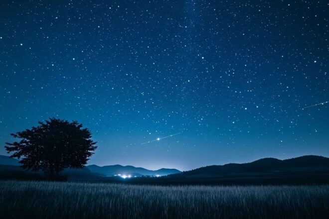 Nuit étoilée avec constellation de satellites starlink