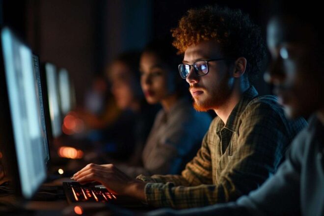 Agents concentrés en tapant rapidement dans l obscurité