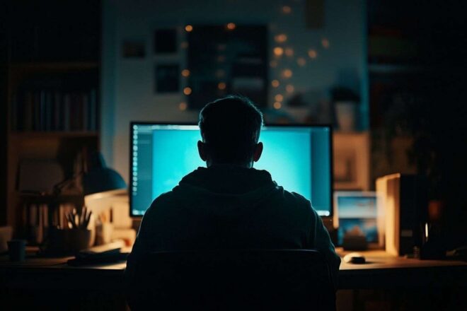 Ambiance de salle sombre avec moniteur lumineux