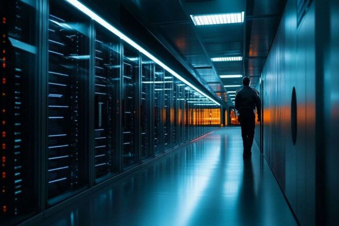 Centre de données futuriste européen avec éléments ia