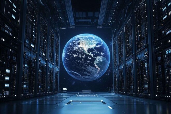 Design futuriste de centre de données géant entouré de satellites