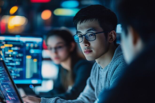 Développeurs en collaboration dans un laboratoire d ia avec écrans.