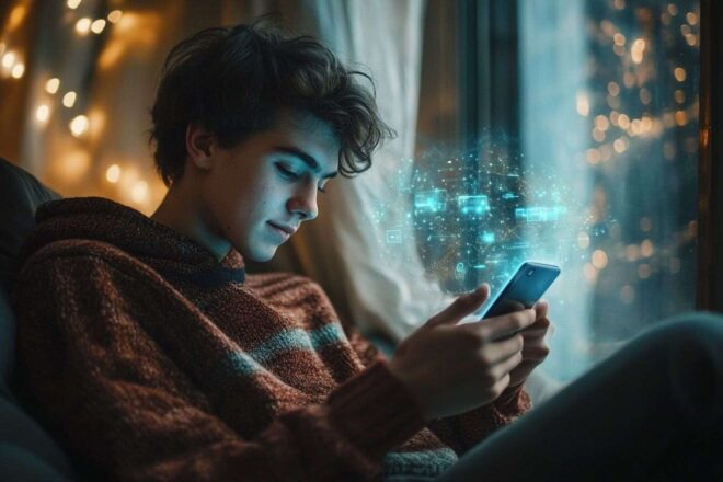 Jeune adulte avec smartphone oppo et interface ia lumineuse