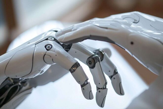 Main de robot touchant délicatement un tissu