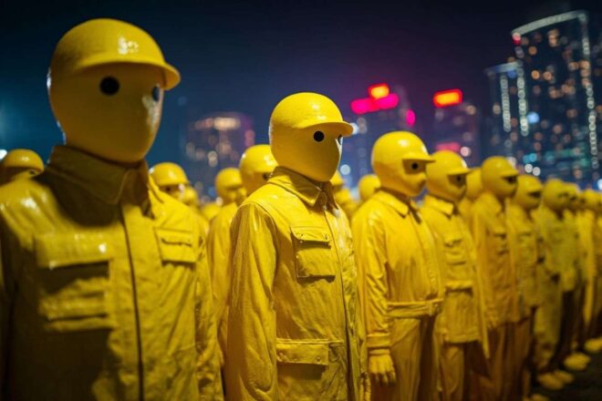 Armée de humanoïdes jaunes devant la skyline néon de tokyo