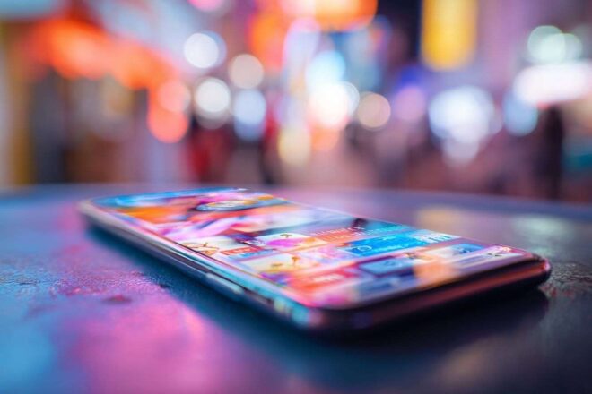 Gros plan d un smartphone futuriste affichant une interface ia colorée