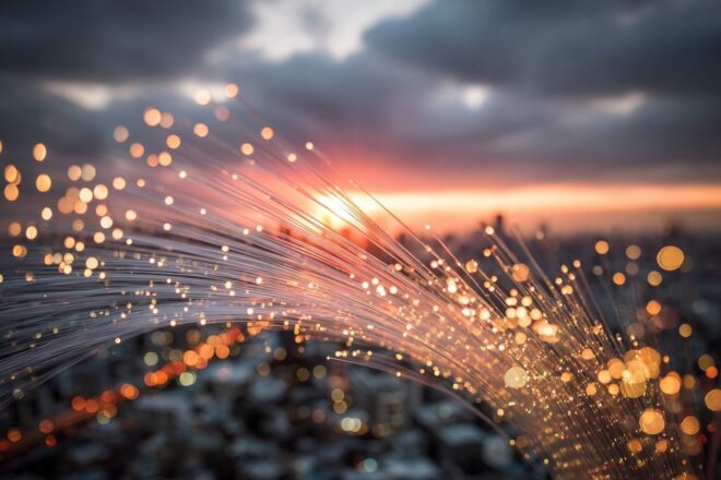 Hub de réseau futuriste au coucher du soleil