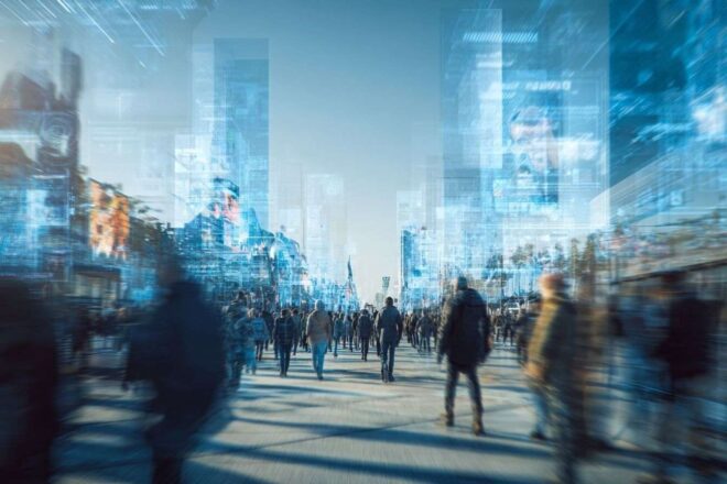 Rue de la ville futuriste avec réalité augmentée