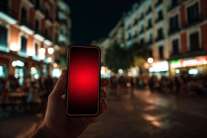 Smartphone illuminé par alertes rouges en ville espagnole
