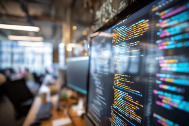 Côté éclairé d un espace de travail développeur avec écrans lumineux