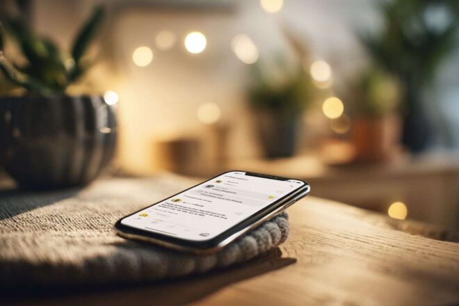 Éclairage chaleureux et smartphone moderne
