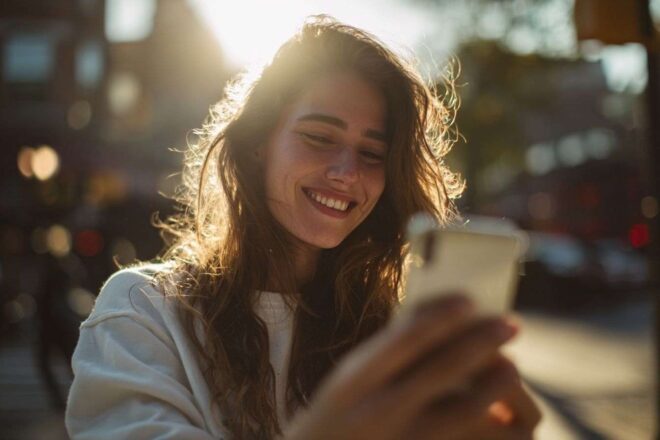 Gros plan d une personne souriante tenant son smartphone
