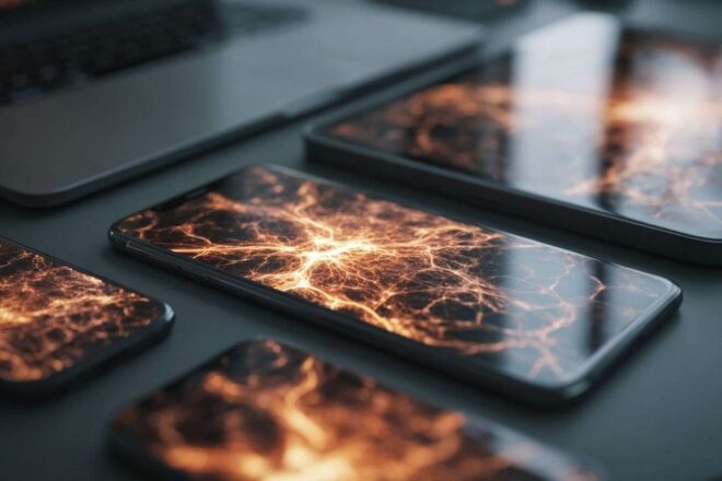 Gros plan sur appareils apple avec motifs de réseau neuronal