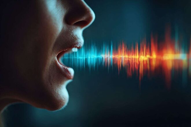 Interface vocale futuriste interagissant avec un humain