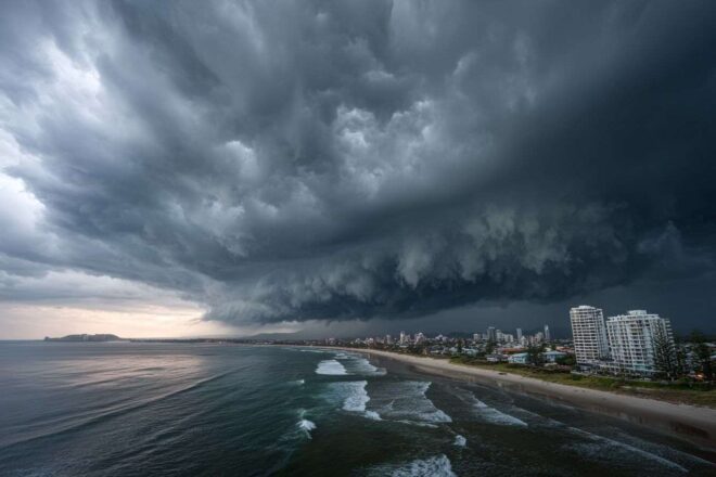 Nuages sombres sur ville côtière