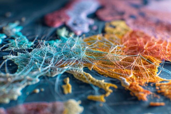 Représentation abstraite de connexions neuronales sur carte colorée d europe