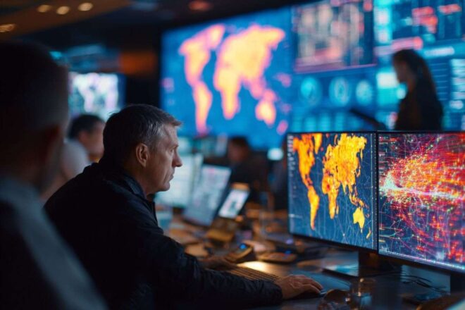 Salle de contrôle futuriste pleine d analystes technologiques