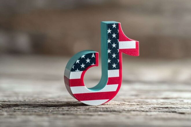 Splitimage du logo tiktok passant d un drapeau chinois à un drapeau américain