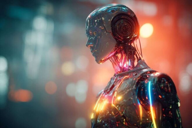 Androïde humanoïde illuminé par des lumières colorées