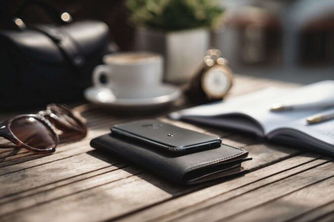 Arrangement esthétique avec iphone plié et accessoires élégants